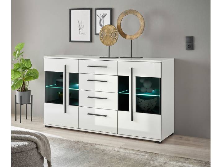 Sideboard mit Glastür 150cm Weiß/Hochglanz Weiß