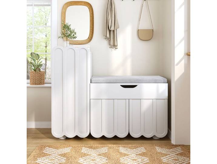 Armoire à chaussures moderne à 3 portes avec tiroir et tapis-siège – Blanc – Armoires à chaussures et chaussures – Armoires à chauss