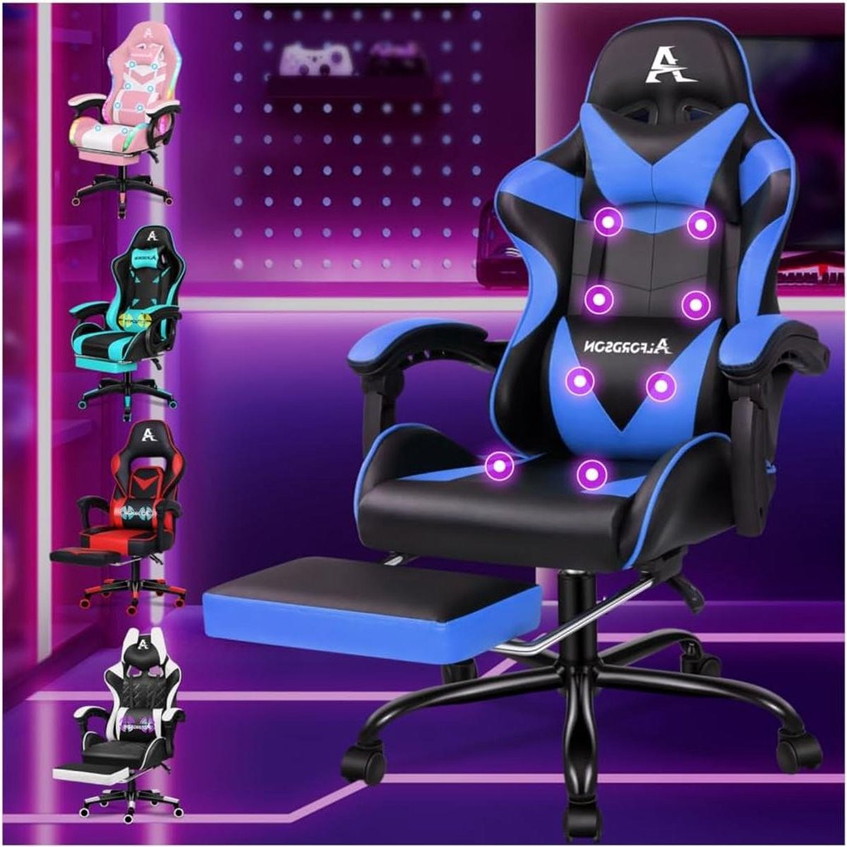 Gaming Massage Chair Ergonomische bureaustoel met 8-punts massagefunctie - Blauw