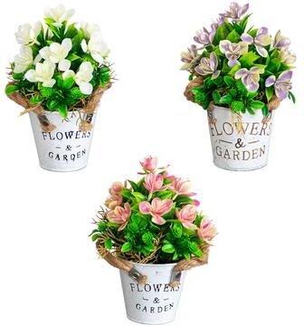 Nearly Natural 8-in Lush Flowering Plant in Rustic Planter - Set of 3