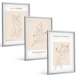 BILDER SET 3er Set - 40x60 cm Silberner Rahmen - Poster mit minimalistischen Frauensilhouetten