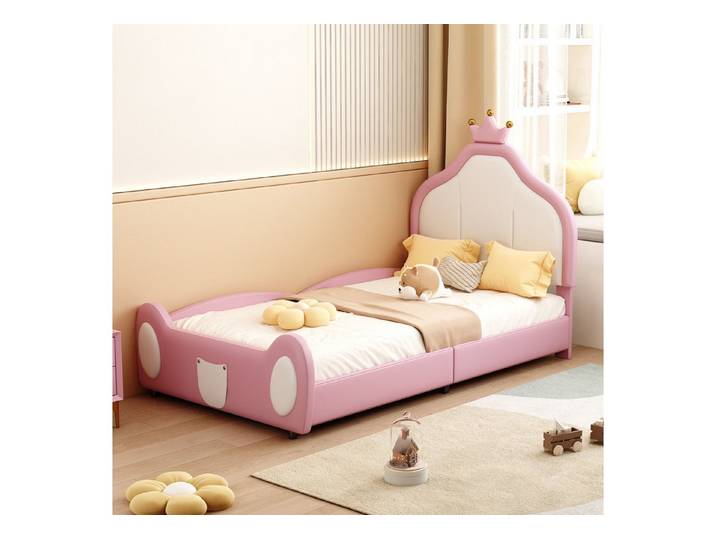 EXTSUD Polsterbett Kinderbett 90x200 cm Kunstleder rosa-weiß Kronen-Kopfteil
