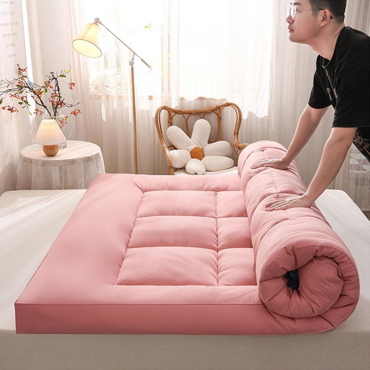 Japanse Futon Topper Slaapkussen Matras Roze - 120 x 200 cm