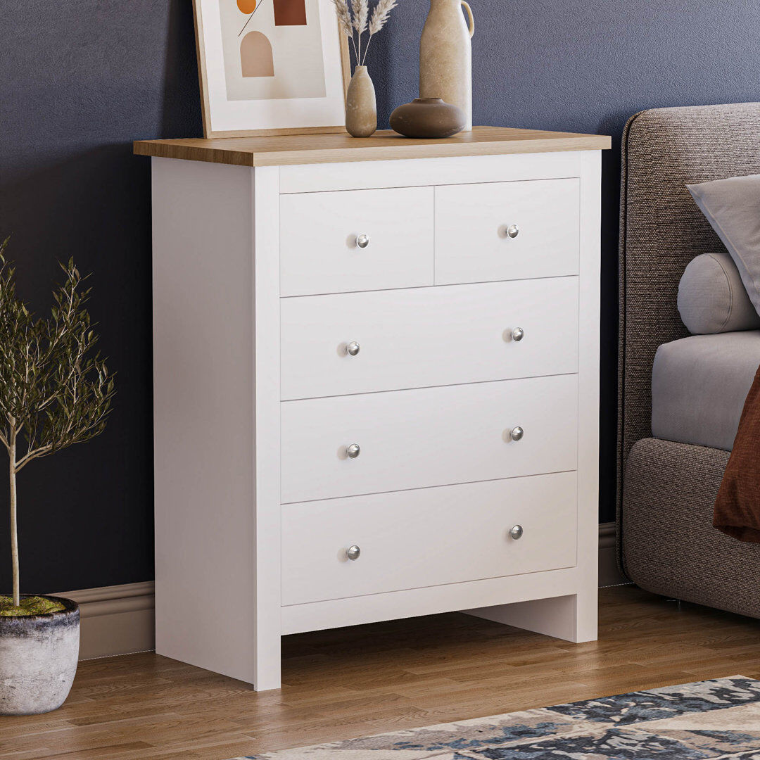 Fernleaf Morley 79 cm W Chest of 5 Drawers White 95cm H X 79cm W X 39.5cm D