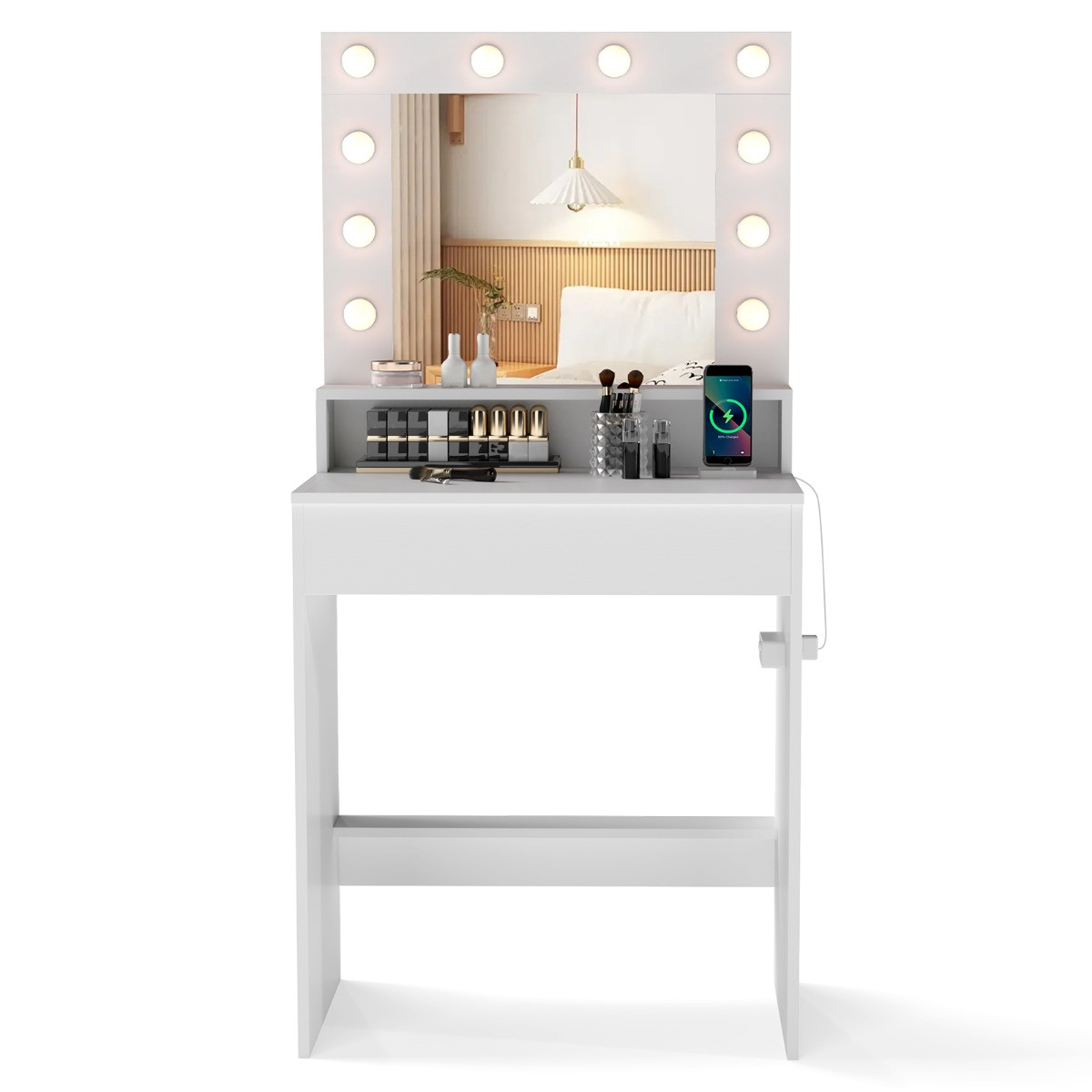 Costway Kaptafel met LED-verlichting, Spiegel en Oplaadstation, Wit