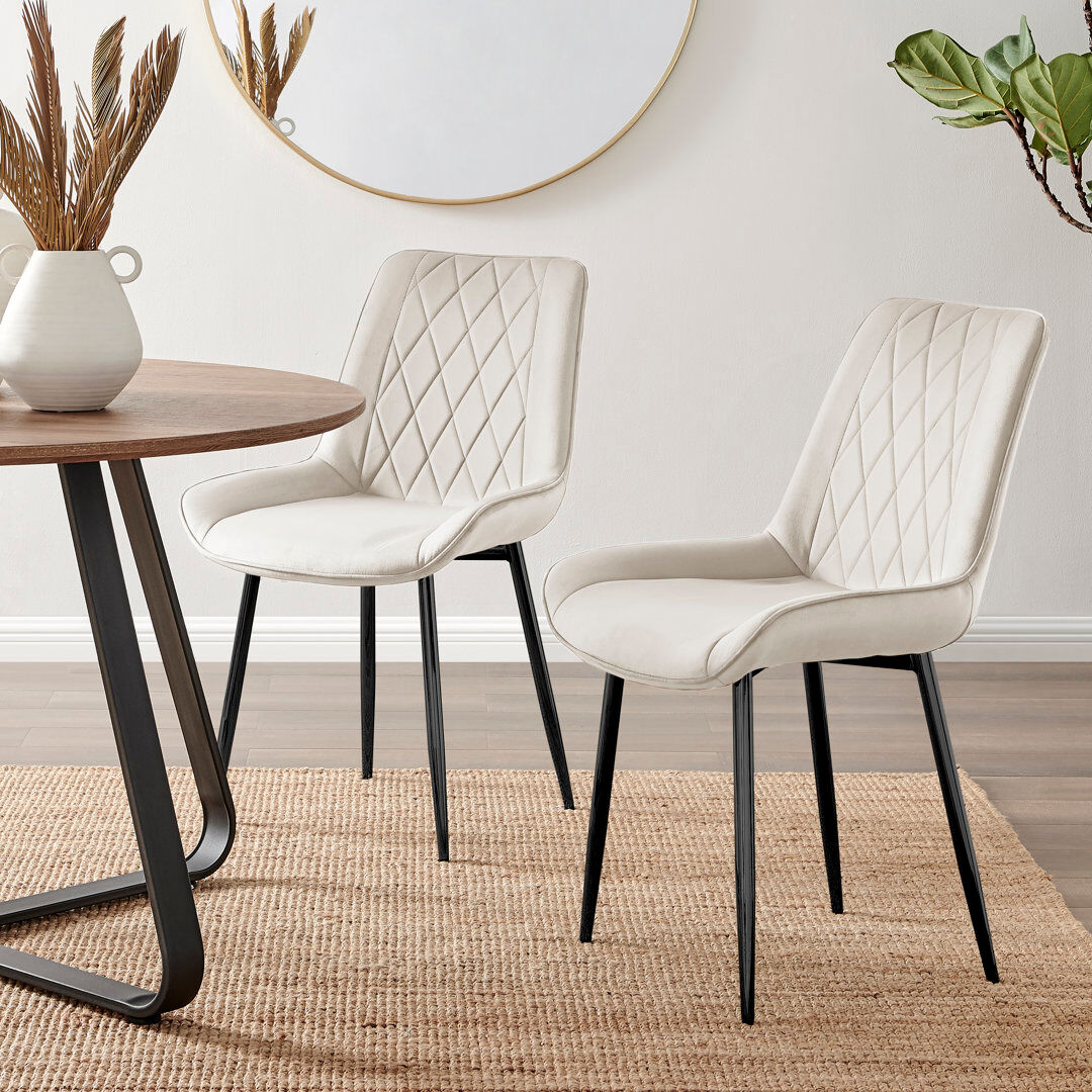 Canora Grey Palermo Velvet Modern Dining Chairs with Tapered Metal Legs & Quilted Diamond Stitching Black/Cream 88cm H X 54cm W X 63cm D