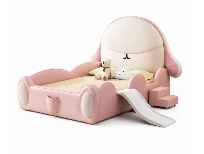 Xlmoebel Kinderbett Rosa Kinderbett mit Häschen-Motiv, Rutsche und Treppe für Mädchen, Made in Europa