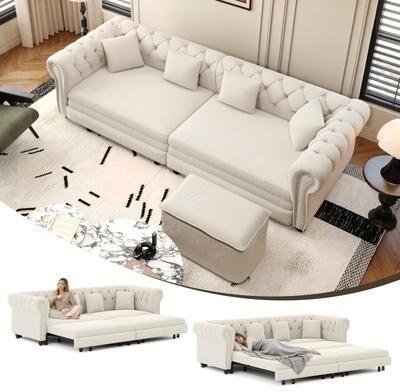 Loedds 89-Inch Chesterfield King Sleeper Sofa Bed with Velvet Rolled Arms and Ottoman