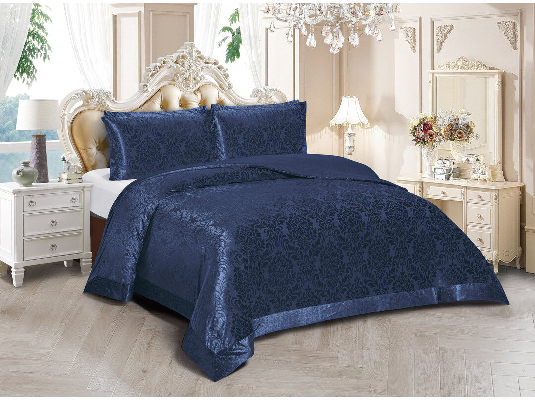 Household Furnishing Damask Bedspread with Pillow Shams Blue King Bedspread + 2 Standard Shams