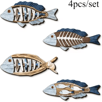 Inspire Picks 4 Piece Wooden Fish Wall Decor Coastal Ocean Wall Art Set blue