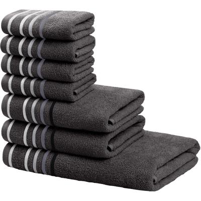 Handtuch Set OTTO HOME "Niki, Duschtuch, Handtücher und Gästetücher", grau (grafitgrau), Walkfrottee, Walkfrottee, Obermaterial: 100% Baumwolle, Handtuch-Sets, Handtücher mit mehrfarbiger Streifenbordüre, weich, aus 100% Baumwolle