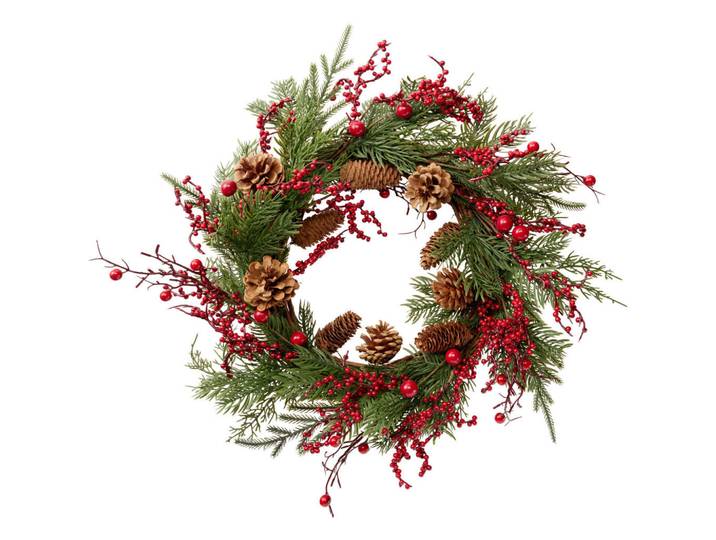 Home Styling Collection Weihnachtskranz mit roten Beeren und Tannenzapfen 55/55/10 cm, Grün, Metall, 55x10x55 cm, Dekoration, Weihnachtsdekoration
