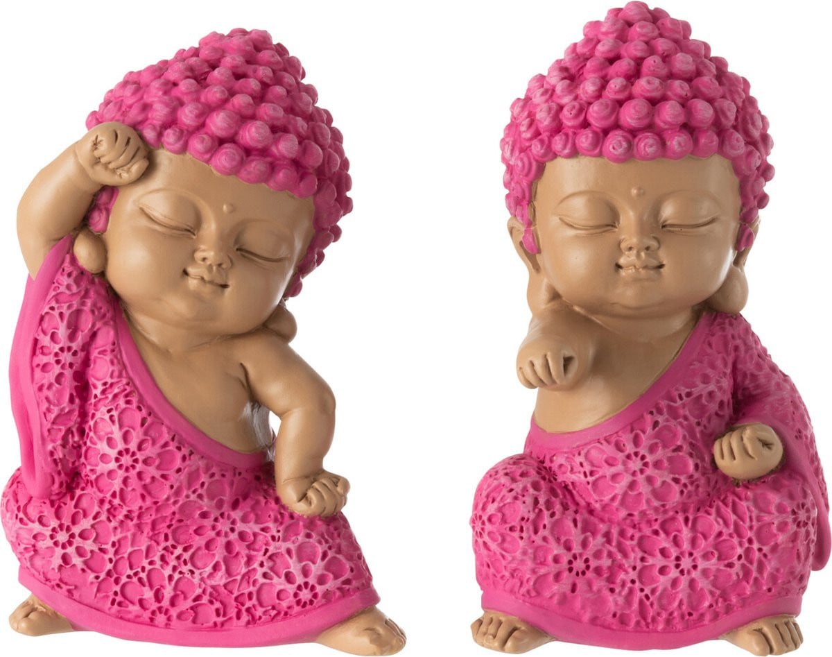 J-Line Monnik Vechten decoratiebeeldjes - polyresin - roze - 2 stuks
