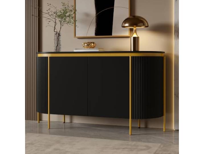 Merax Sideboard 140x38x80 cm mit 4 Türen, ovalen Enden, Riffel-Optik & Kabeldurchlass – Schwarz