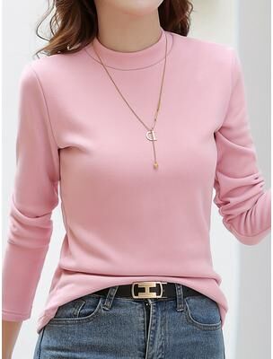 Modern Mode Marketplace Solid Color Mock Neck T Shirt Casual Long Sleeve T Shirt For Spring & Fall Women's Clothing Solid Color Mock Neck T Shirt Casual Long Sleeve T Shirt For Spring & Fall Women's Clothing Pink M