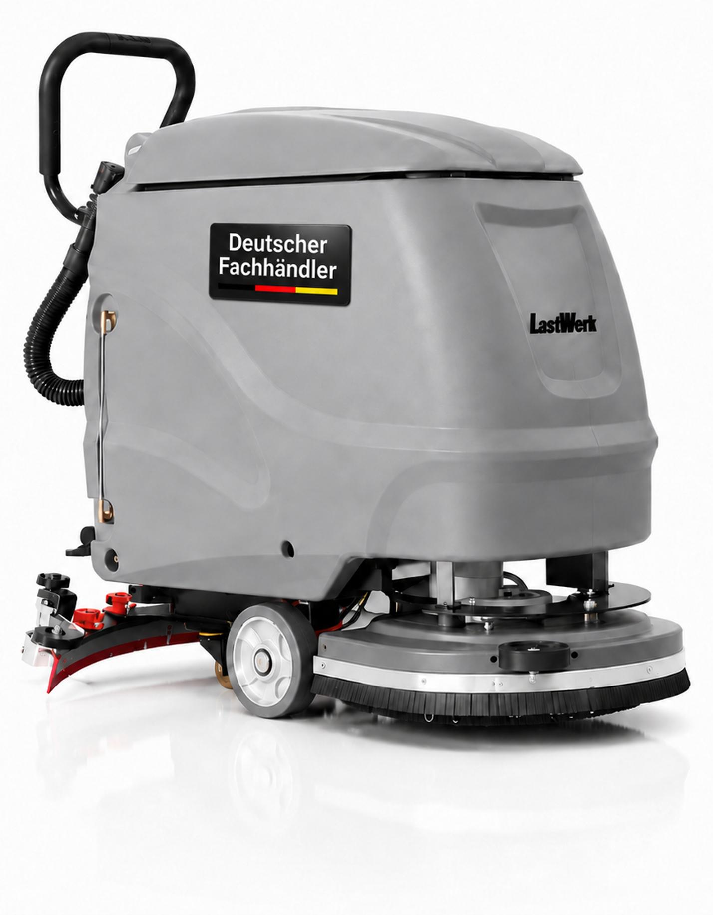 LastWerk HydroMax X2 Scheuersaugmaschine - 3-in-1 Schrubben, Reinigen & Absaugen, 55 L Frischwassertank + 60 L Schmutzwassertank, 24 V/103 Ah Akku, 550 W Bürstenmotor, 550 W Saugmotor, bis 3000 m²/h, Grau