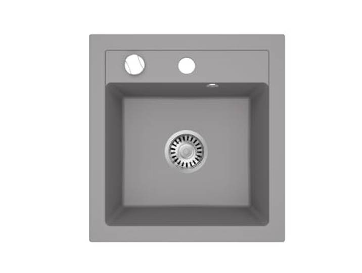 Faizee Home Milano Granitspüle 49x52 cm Grau – Eckige Einbauspüle aus Granit Reversibel montierbar Inkl. Siphon-Set