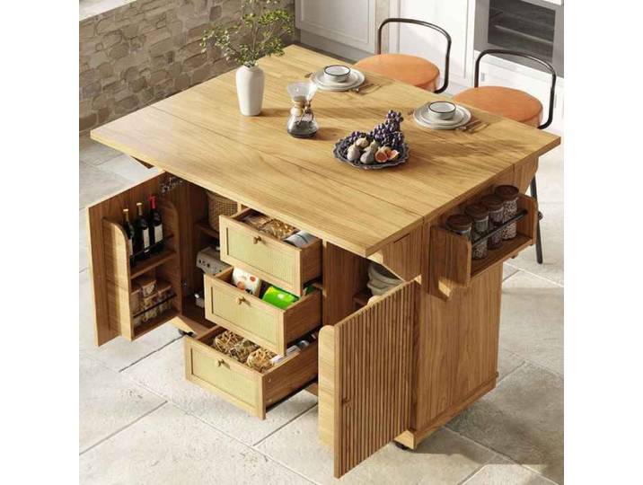 Îlot de cuisine extensible sur roulettes Chariot Desserte de cuisine avec plan de travail pliable double 3 tiroirs - naturel