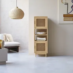Hoher Bücherschrank Luis aus Ulmenholz und Rattangeflecht
