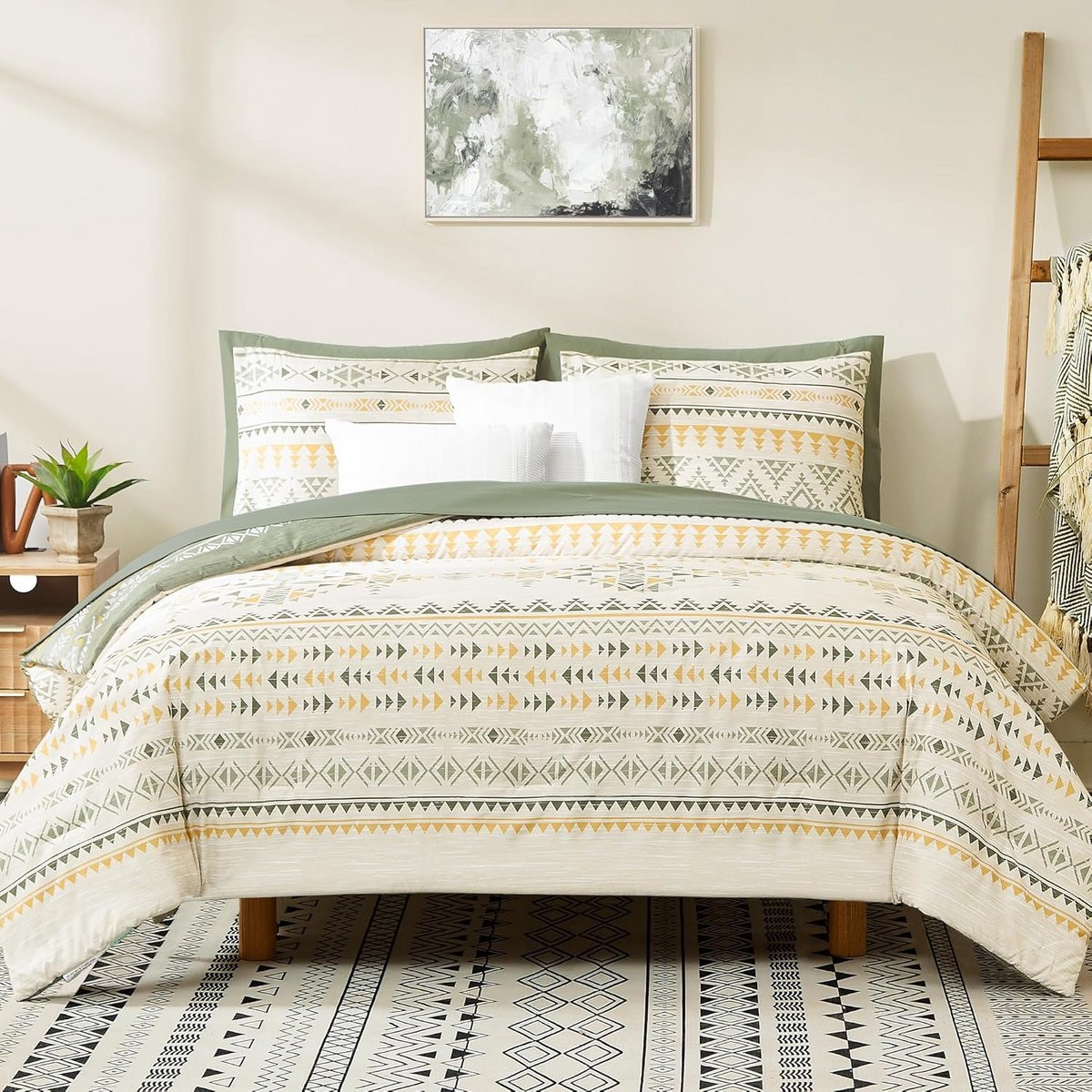 7-delige Queen dekbedset in olijfgroen met boho Azteekse stijl en omkeerbaar beddengoed