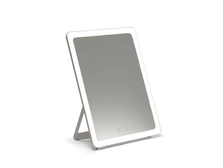 Ilios Lighting Tragbarer Make-up-Spiegel mit verstellbarem Ständer, dimmbarer LED-Beleuchtung, 3 Farbmodi und Touch-Steuerung, perfekt für Reisen, Schminktisch und Schönheit unterwegs