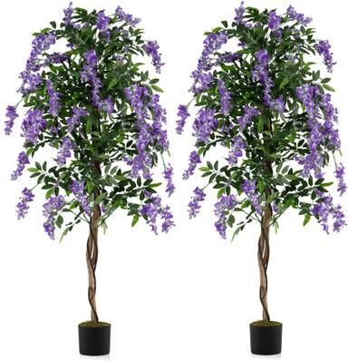 Costway Set of 2 Fake Ficus Plant 6 FT Artificial Wisteria Tree with Natural Trunks and Purple Lifelike Flowers