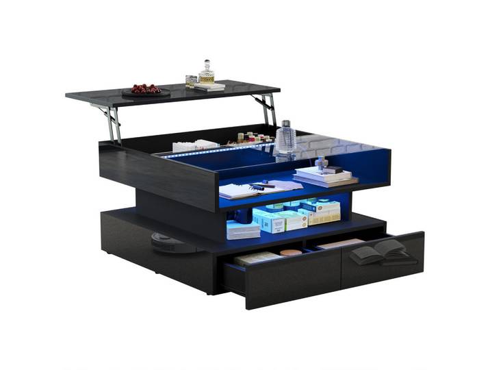 Redom Couchtisch höhenverstellbar, Hochglanz schwarz, Glasplatte & Stauraum, 80/80/45 cm,Schwarz, 80x45x80 cm, Wohnzimmer, Wohnzimmertische, Couchtische