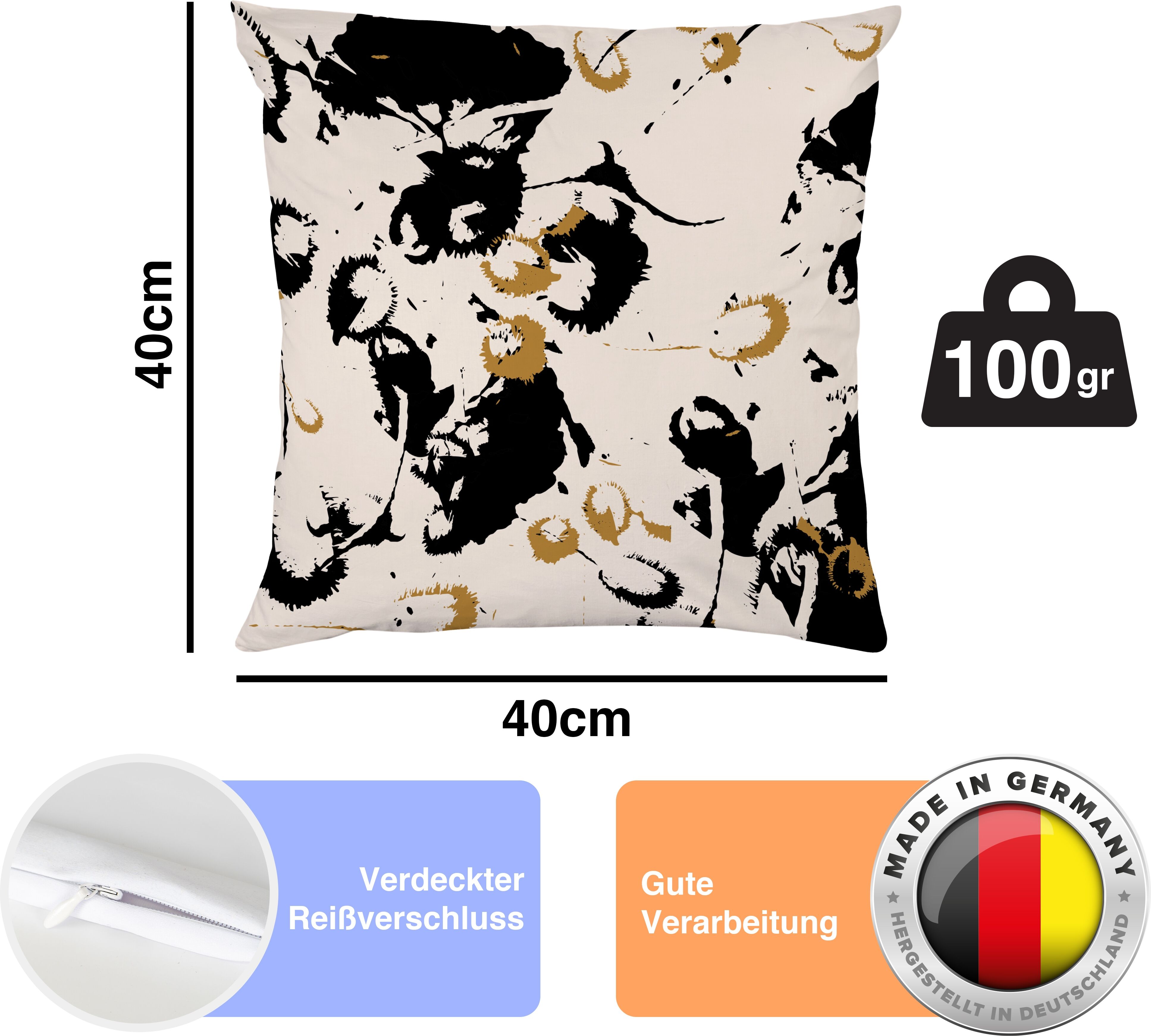 Dekokissen QUEENCE "Abstraktes Muster schwarz gold", gold (bedruckt), B:40cm L:40cm, Polyester, Dekokissen_Sitzkissen_Kissenhüllen, Dekokissen, Beidseitig bedruckte Kissenhülle, Kissen 40x40cm, inkl. Reißverschluss