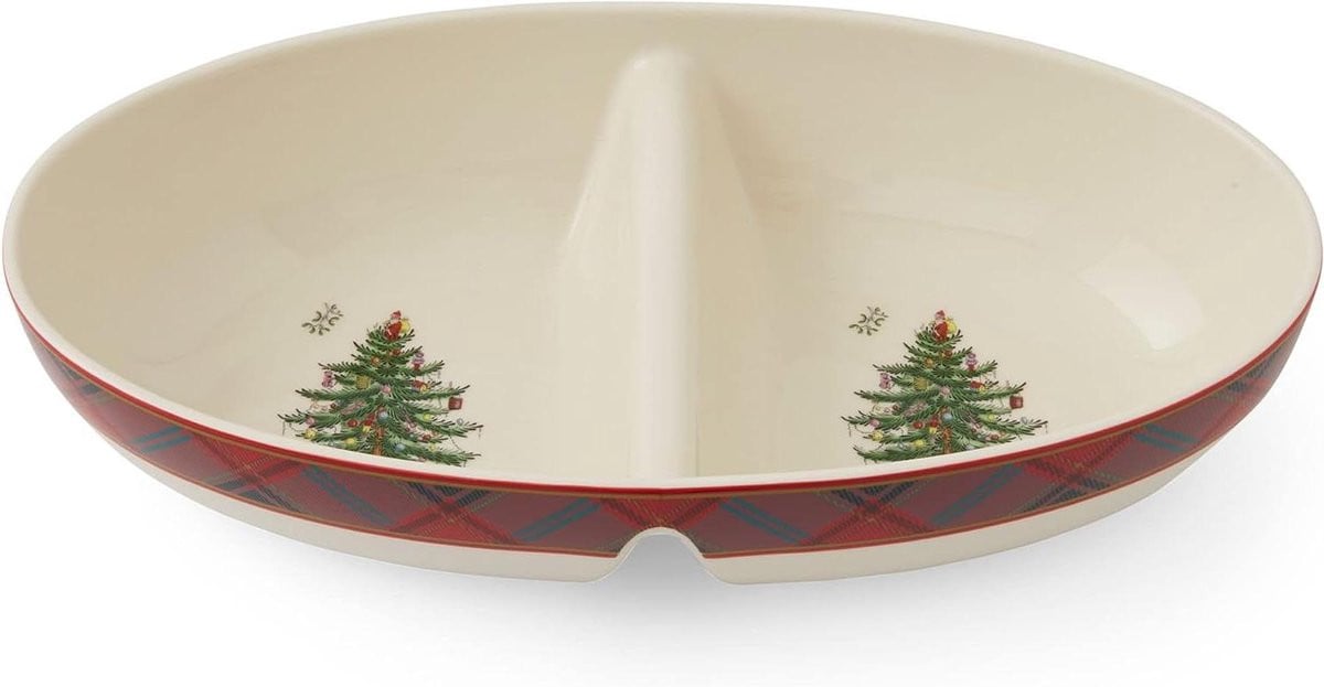 Ovale tweedelige serveerschaal met kerstboom motief - Roodgroen - 33 cm