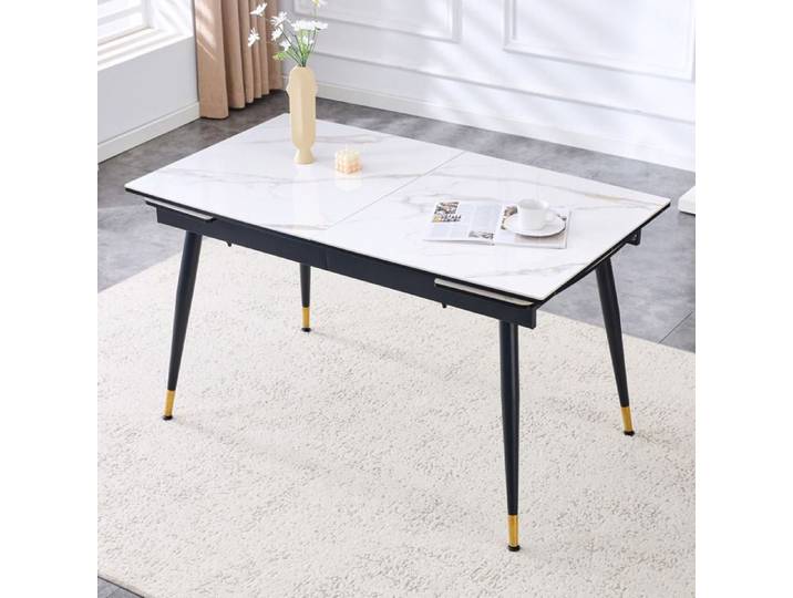 Table extensible rectangulaire plateau céramique aspect marbre rails silencieux - BEAUNIV - métal blanc et noir