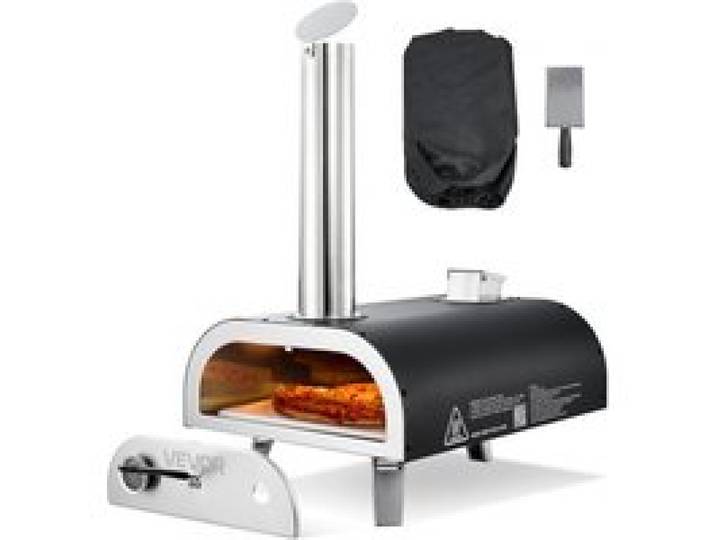 VEVOR Pizzaofen Outdoor 12 Zoll Pellet-Pizzaofen mit eingebautem Thermometer (max. 540 °C) & Schaufel & Tragtasche, tragbarer Pizzamaker für Garten Camping, Silber