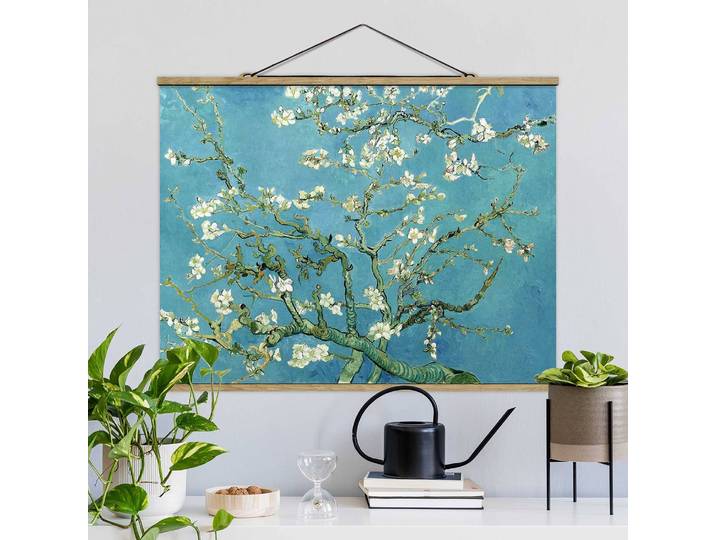 Tableau déco Van Gogh Amandier en fleurs Tissu Bleu 100 x 75cm