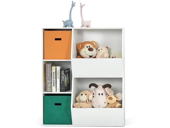 DREAMADE Placard de Rangement pour Jouets avec 5 Niches Bibliotheque Enfant avec 3 Cubes et 2 Boîtes Salle de Jeux Salon Blanc