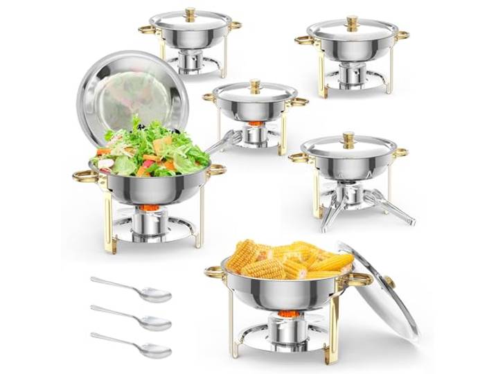 Speisenwärmer 5L Runde Edelstahl-Chafing-Dishes Und Warmhaltebehälter, Mit Deckel,Deckelhalter,Löffel,Pinzette Für Catering,Partys,Abendessen