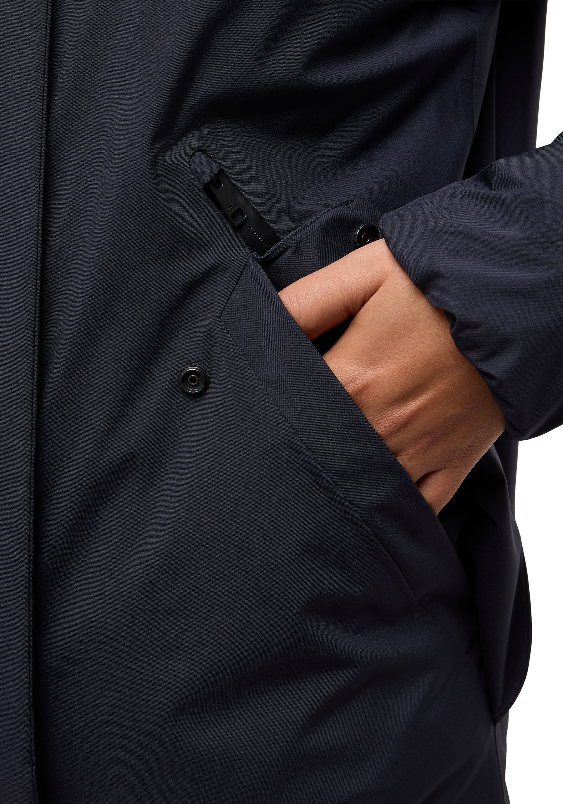 Daunenmantel JACK WOLFSKIN "BRANDENBURGER", Damen, Gr. XL, blau (schwarz navy), Obermaterial: 100% Polyester. Futter: 100% Polyester. Wattierung: 90% Daunen, 10% sonstige Federn, hoch geschlossener Ausschnitt, Mäntel Daunenmantel, mit Kapuze, winddicht un
