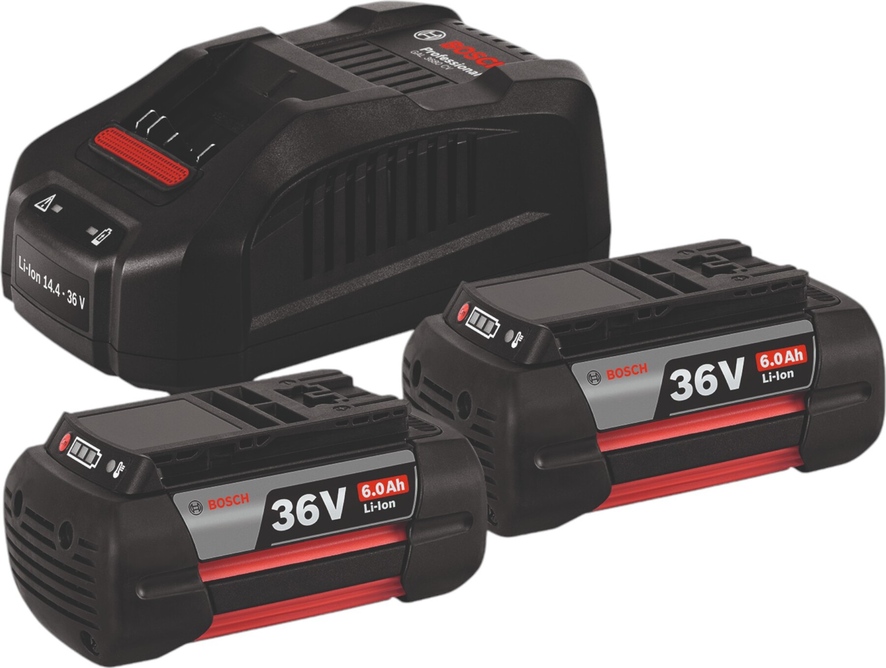 Bosch Starter set 2 x GBA 36V 6.0 Ah + GAL 3680 CV Professional, Akku, Lithium-Ion (Li-Ion), 6 Ah, 36 V, Bosch, Schwarz, Rot