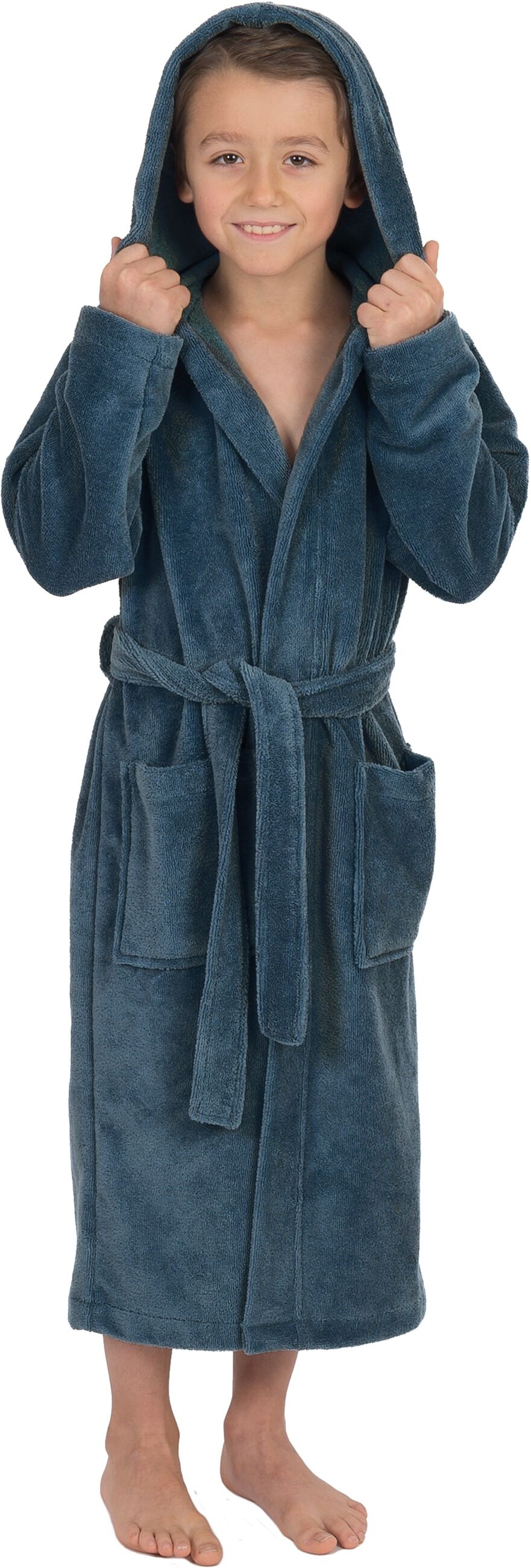 Kinderbademantel WEWO FASHION "8521" Gr. 170, blau (smokeyblau), L:116cm, Baumwoll-Mix, Hausmäntel, Kinderbademantel, Soft Touch smokeyblau 170/176 L: 116cm