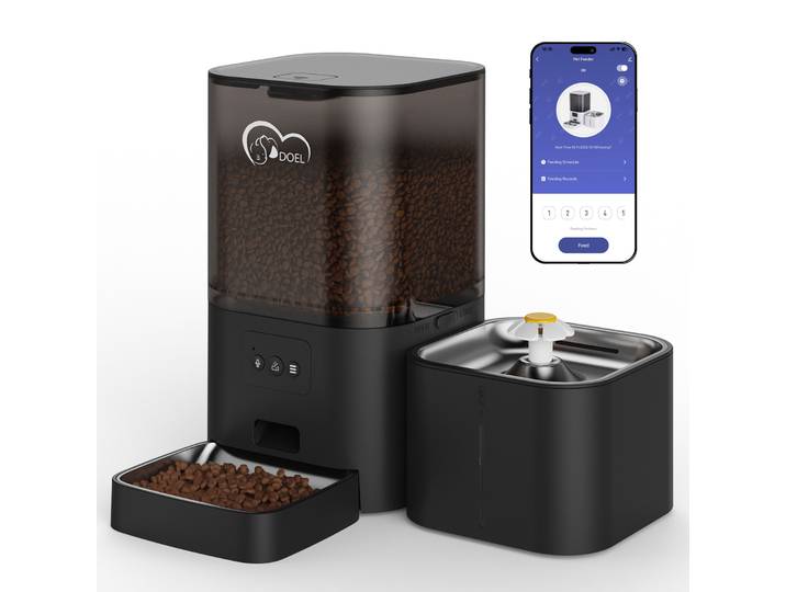 Distributeur de nourriture intelligent 2-en-1 DOEL pour chats, 6L de nourriture sèche et 2,5L de fontaine à eau pour chats avec contrôle par application et alimentation programmée pour petits chiens