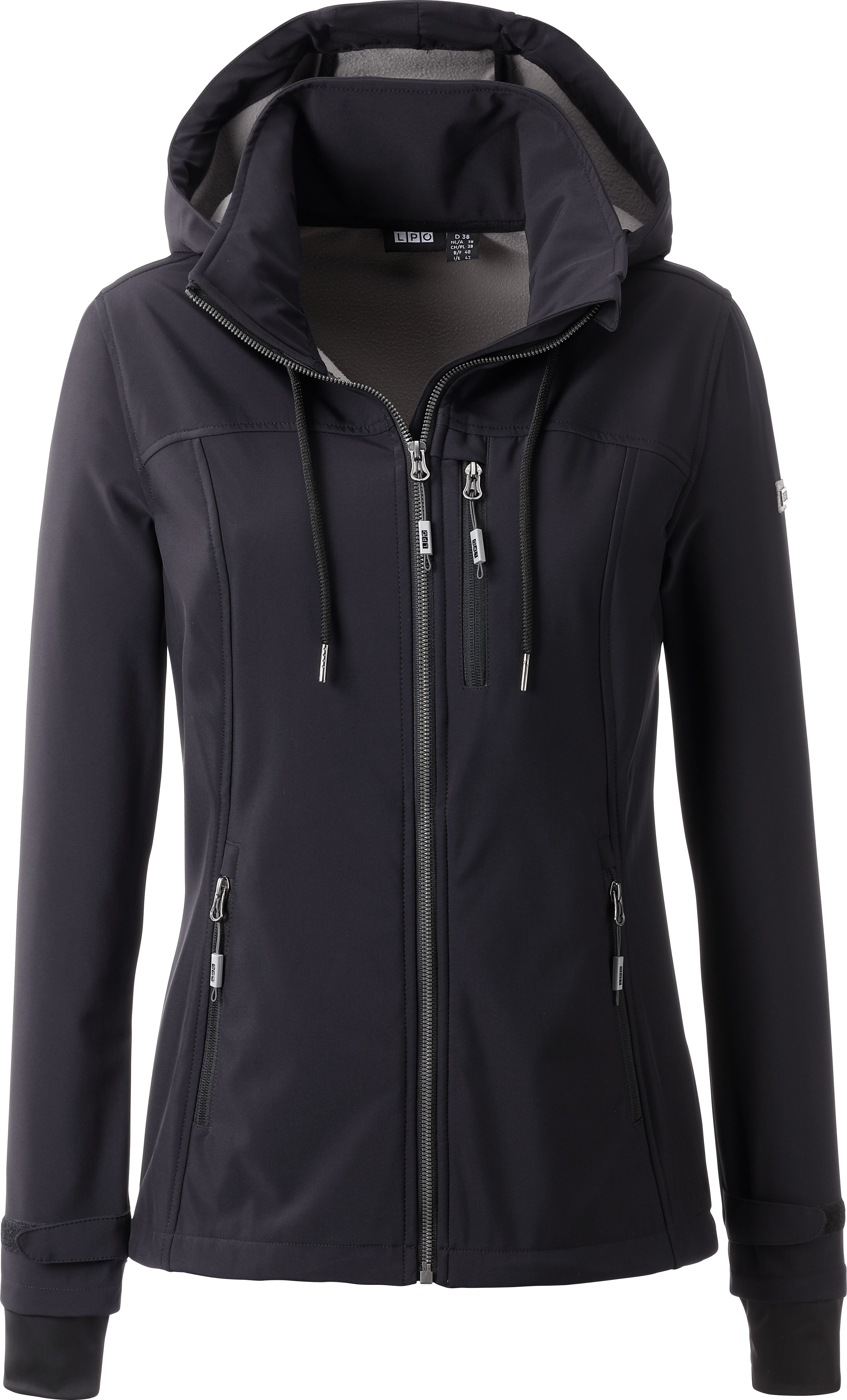 Softshelljacke DEPROC ACTIVE "DECORAH PEAK V WOMEN", Damen, Gr. 44L, schwarz, Softshell, 96% Polyester, 4% Elasthan, tailliert hüftbedeckend, abnehmbar gerader Abschluss mit Windstopper,mit verstellbarem Klettverschluss, Jacken Softshelljacke, mit abnehmb