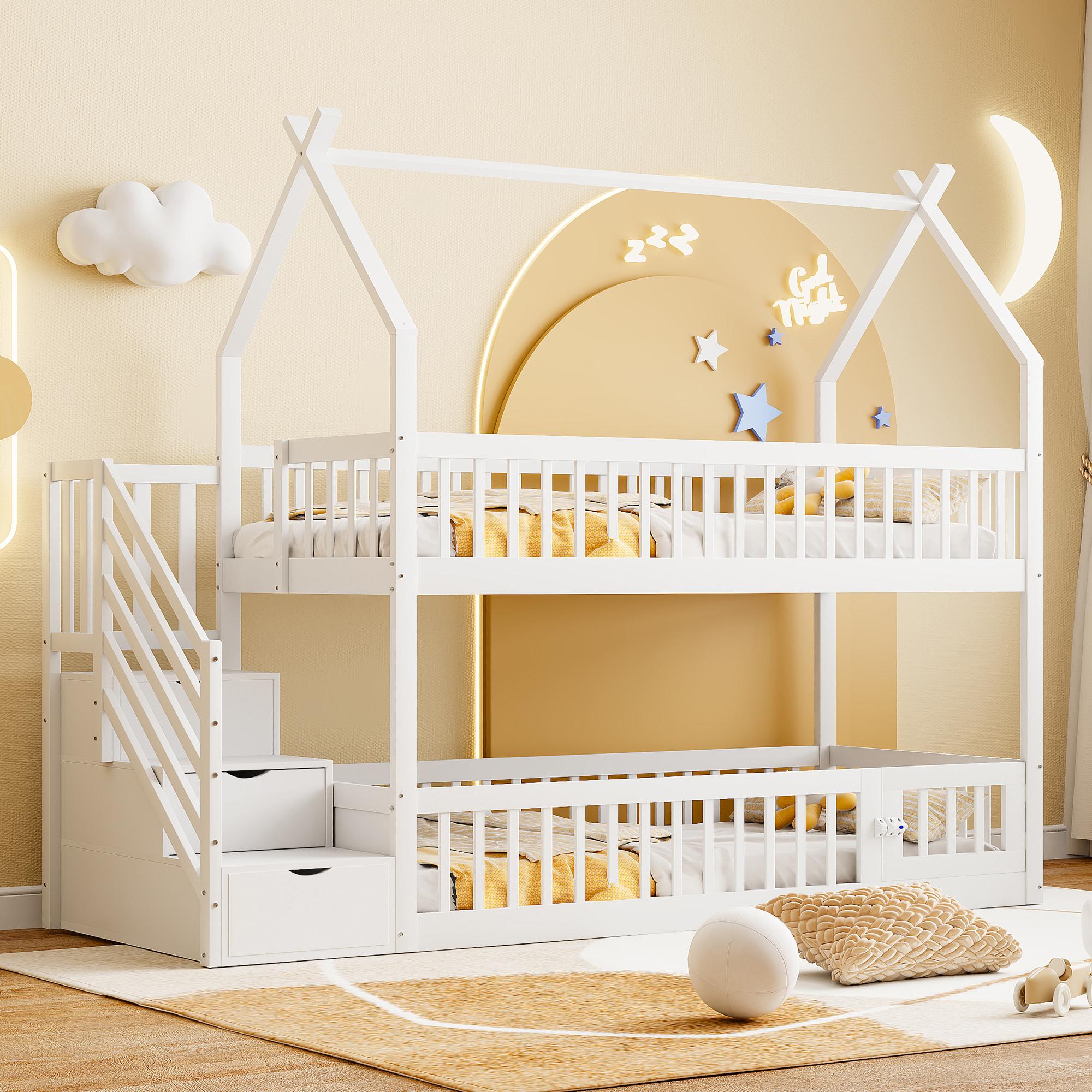 90x200 Kinder-Etagenbett Massivholzbett mit Dach, Sicherheitstreppe und Stauraumschubladen, Stauraum Kinderbett Einzelbett weiß