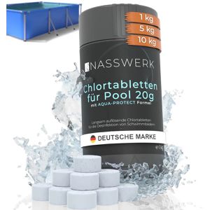 NASSWERK Chlor organisch, schnelllösliche Mini Chlortabletten, für Pool und Whirlpool, 75 % Chlorgehalt, 200 x 5 g, Dose 1 kg