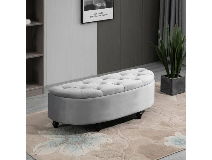 HOMCOM Pouf Rangement Velours Gris Pieds Bois Noir