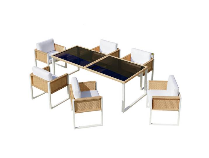 Modfu Gartenset aus PE-Rattan 170x80x75 cm Braun/Weiß mit 6 Stühlen, Glasplatte und waschbaren Bezügen, Naturmaterialen, Gartenmöbel, Gartengarnituren, Gartenmöbel-Sets
