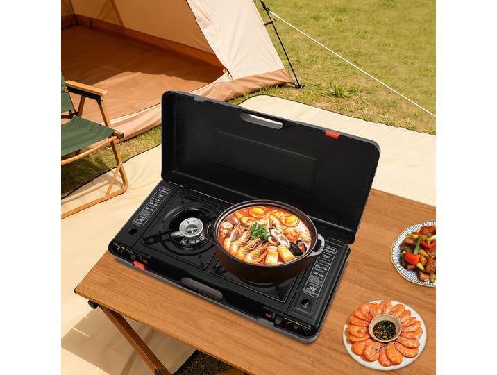 Réchaud de camping portable 2 en 1 à 2 brûleurs, kit de réchaud de camping au butane avec poêle et étui de transport, brûleur de camping à allumage automatique GPL