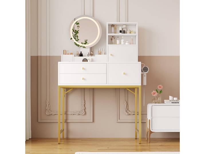 Flieks Coiffeuse avec fonction de recharge et support\, coiffeuse Coiffeuse avec tiroirs et étagère\, miroir avec Led\, 80x40x134 cm\, blanc