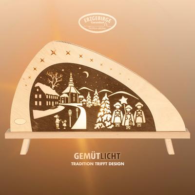 LED Lichterbogen WEIGLA "Weihnachten in Seiffen, asymmetrische Holz Dekolampe, Made in Germany", beige (natur), B:52cm H:32cm T:6cm, Holzwerkstoff, Schwibbögen, Erzgebirge garantiert,Weihnachtsdeko Innen, Weihnachtsbeleuchtung