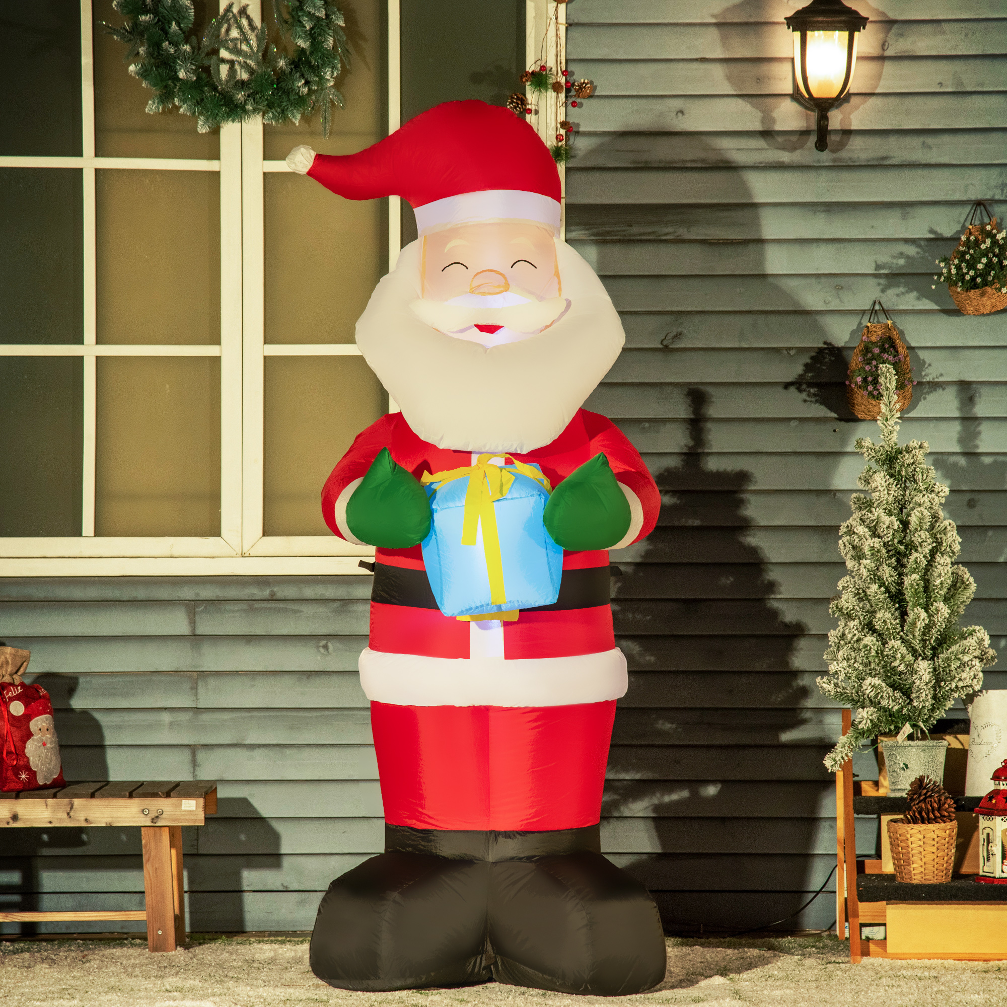 Outsunny Babbo Natale Gonfiabile con Regalo, 3 Luci LED e Gonfiatore Incluso, 77x68x184cm