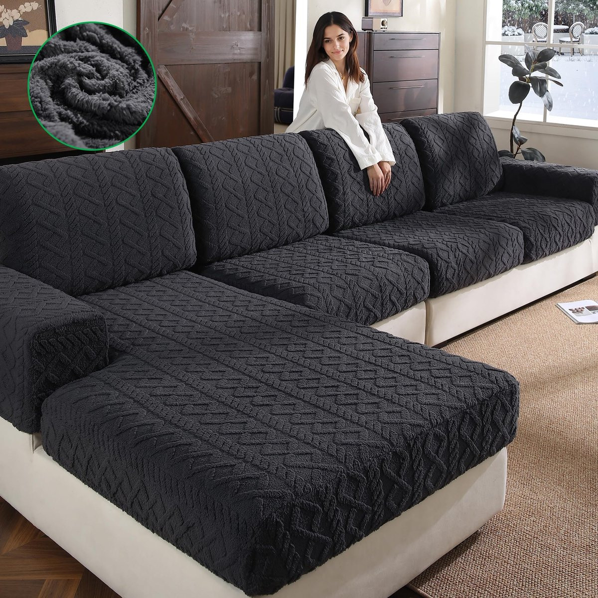 Merkloze elastische sofa cover voor bank, donkergrijs, wasbaar en antislip