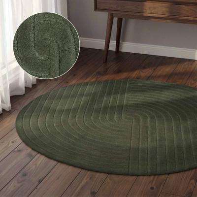 Wollteppich VIKOSA "Arcura", grün (dunkelgrün), H:15mm Ø:150cm, Wolle, Teppiche, Wolle Handgemacht, Hoch-Tief-Effekt, Geometrisches Linien Wellendesign