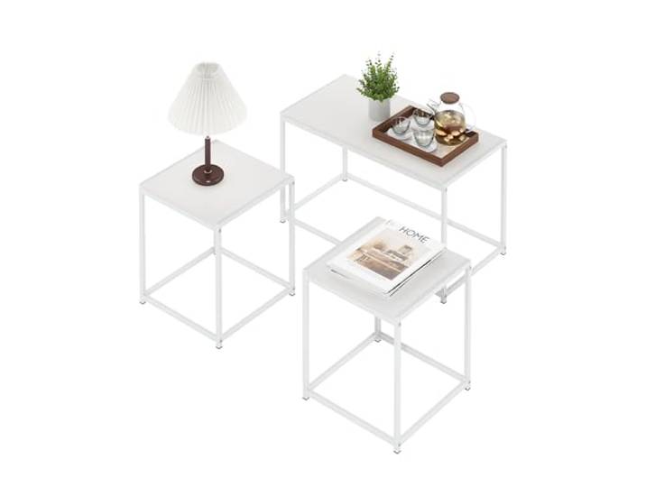 Furinno CAMNUS Wohnzimmer-Tischset, 3-teilig, Couchtisch mit 2 Beistelltischen, Seitentische, für Wohnzimmer, Weiß
